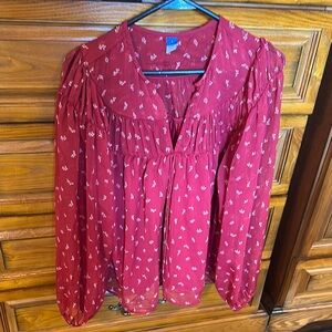 Old Navy Red Smocked Long Sleeve Blouse Relaxed Fit